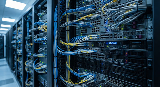 High-density server rack in a modern data center